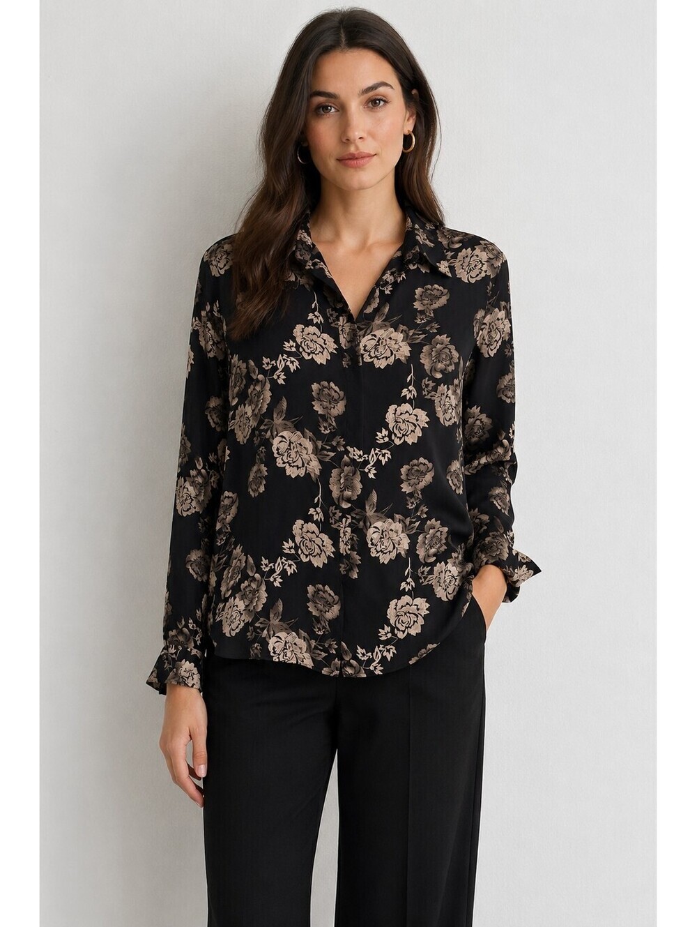 Alfani 100% Silk Black Floral Button Front Blouse Women's Size 16 Long Sleeve